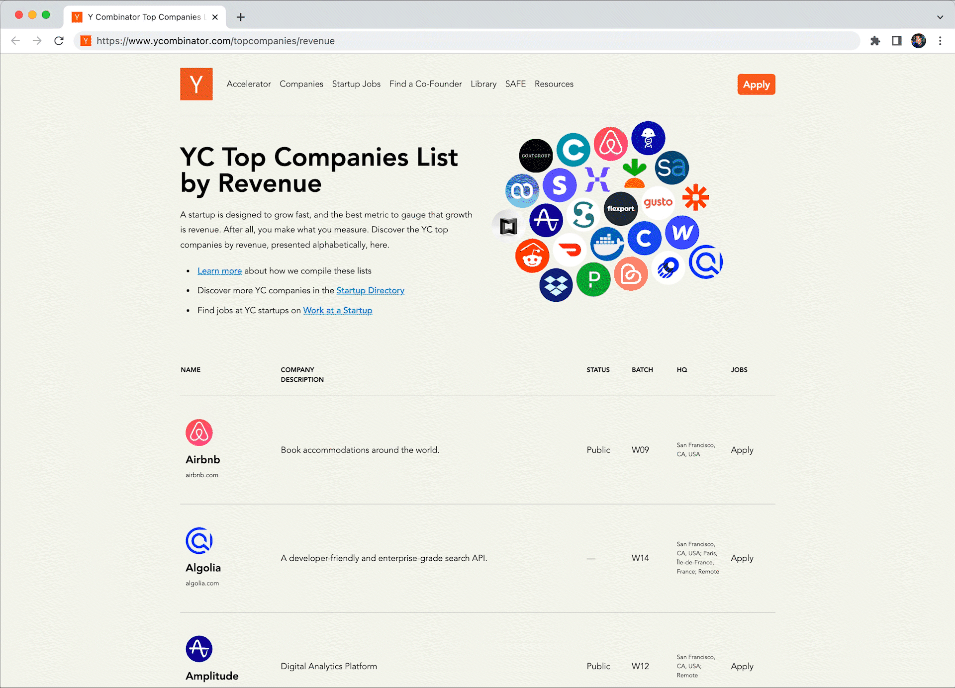 A scrolling preview of the YC Top Companies List by Revenue