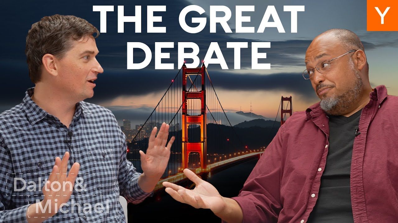 YC Group Partners Dalton Caldwell and Michael Seibel in front of the text "The Great Debate"
