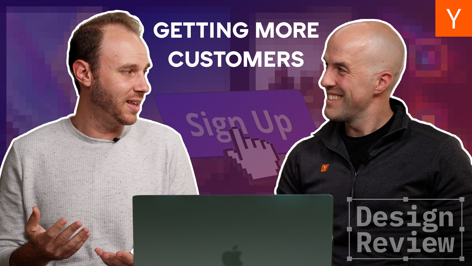 YC's Aaron Epstein and Pete Koomen in front of a purple background. Title text reads "Getting more customers"