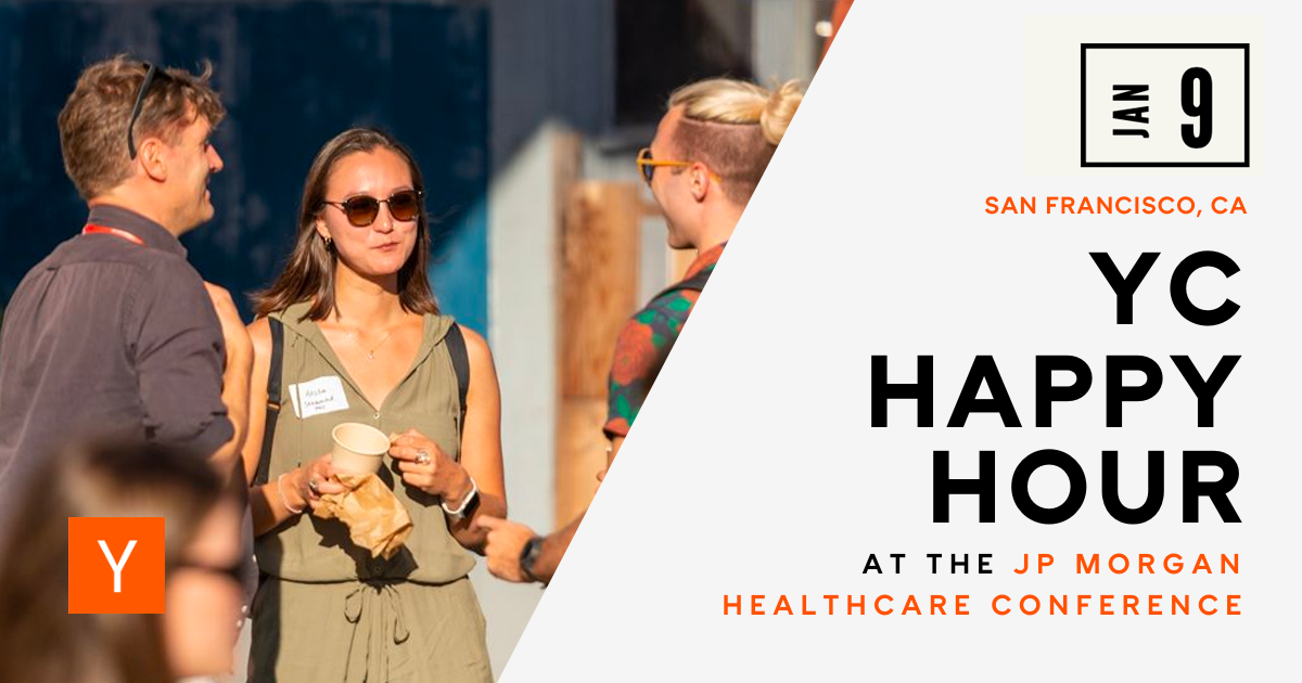 3 people talk at an outdoor event. It is a promo image for "YC Happy Hour at the JP Morgan Healthcare Conference" on Jan 9th