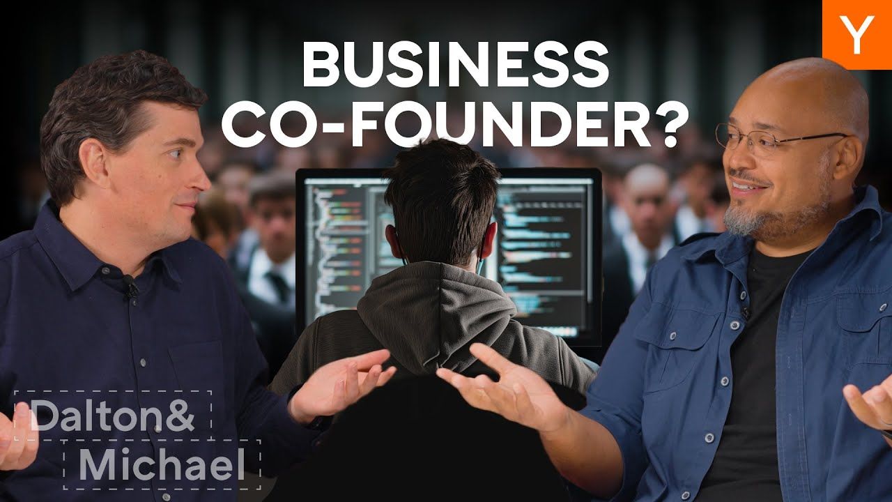 Y Combinator Group Partners Dalton Caldwell and Michael Seibel in front of the text "Business Co-founders?"